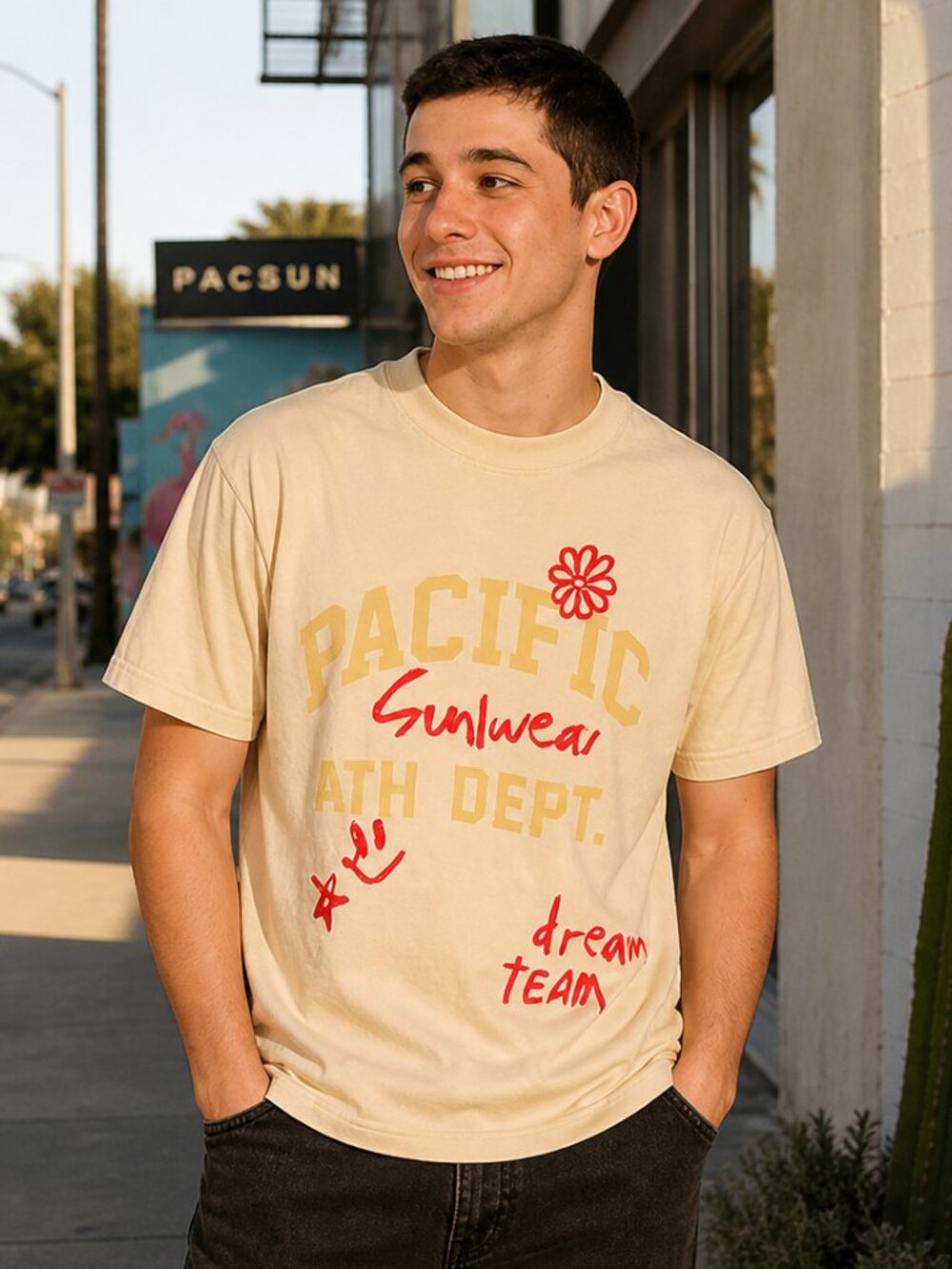 PacSun Graphic T-Shirt Men’s Small Beige “Pacific Sunwear” Logo Tee Casual Stree